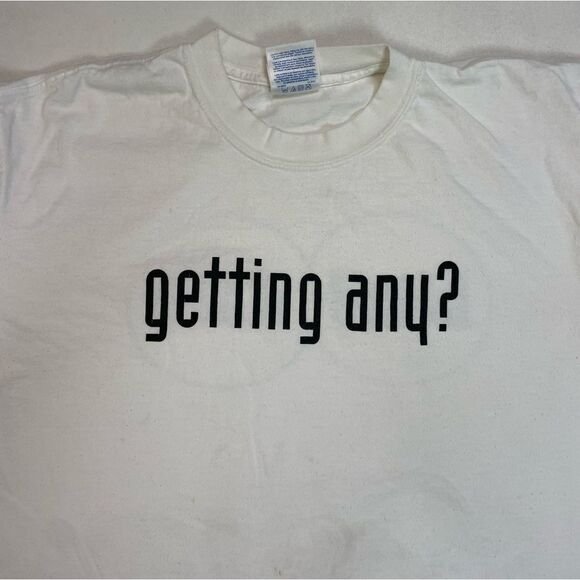 VINTAGE Getting Any Blind Date Graphic T-shirt Men Large White Short Sleeve - Picture 2 of 7